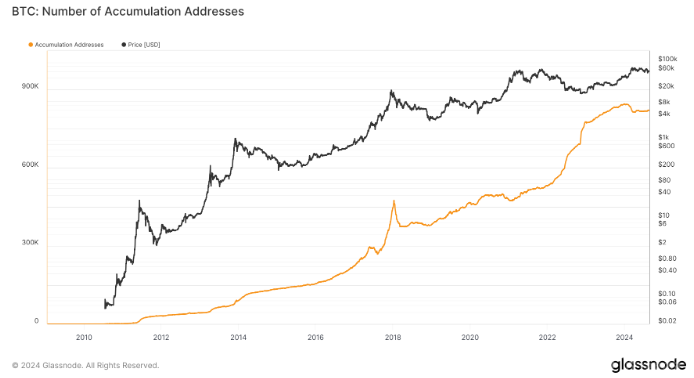 Bitcoin累積地址數(shù)量在減半后逐漸恢復(fù)圖片